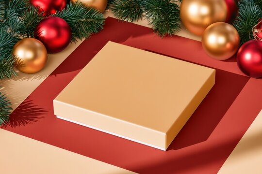Festive gift box with red and gold ornaments and pine branches on layered background