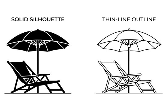 Vector set of beach lounge chair and umbrella icons showing solid silhouette and thin line outline styles