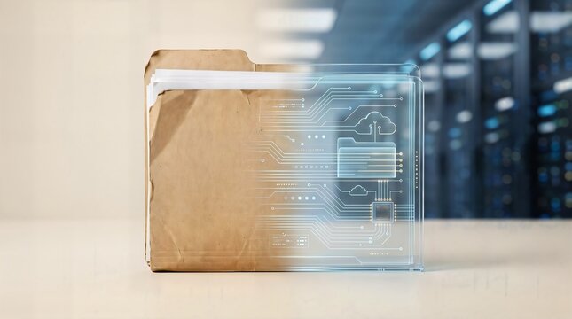 Brown manila folder blending with digital cloud data stream