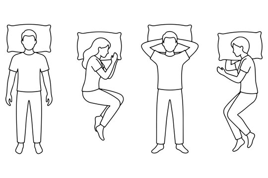 Line Art Illustration Depicting Four Common Human Sleeping Positions With People Resting On Pillows In Various Postures