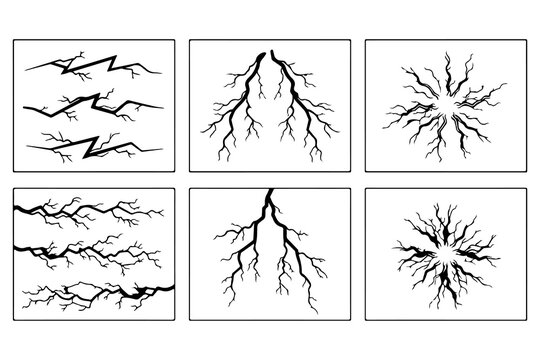 Set of black and white crack vector illustrations featuring various fracture patterns, radial breaks, and jagged line textures