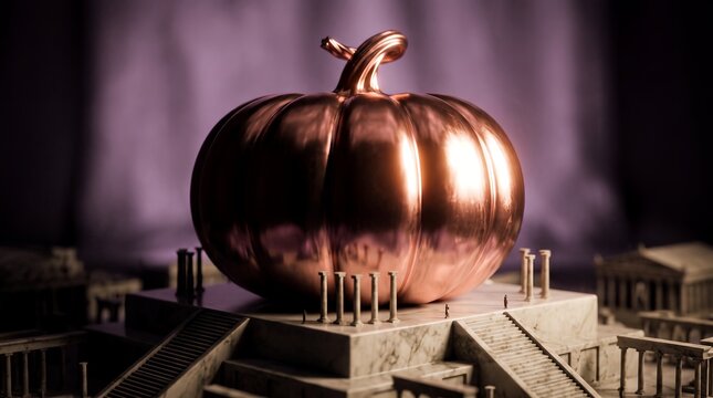 Metallic pumpkin on a marble temple showcasing antique roman columns, gleaming bronze surface and surreal giant scale, concept for creative fantasy design and artistic illustration