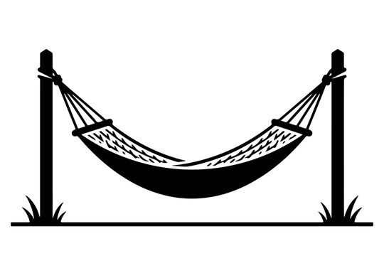 Vector illustration silhouette of a woven hammock hanging between two wooden posts on a grassy ground, isolated on a solid white background.