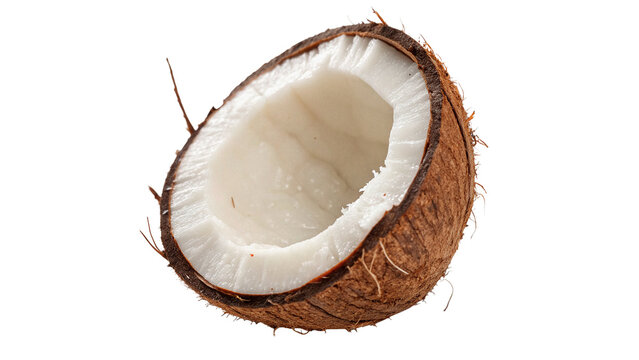 A single raw tropical coconut shell half isolated on transparent background.