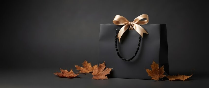 Black shopping bag with gold satin bow and autumn maple leaf on dark background. Black Friday sale and luxury gift concept. Elegant holiday shopping banner with copy space for seasonal promotion