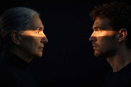 Older Woman and Young Man Sharing Eye Contact Through a Band of Light