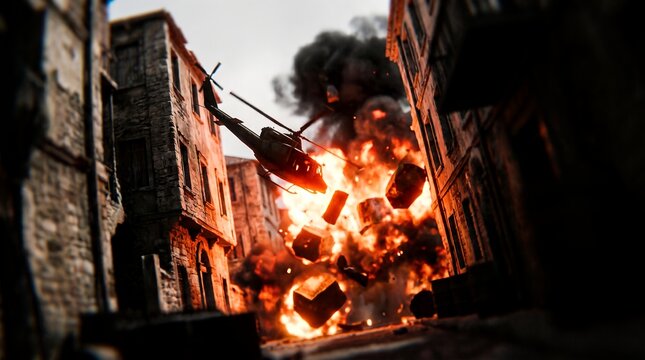 Military helicopter in a narrow urban street showcasing a massive explosion, falling debris and thick black smoke, concept for battlefield conflict and war zone survival