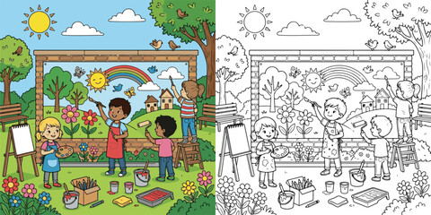 Naklejka premium young artist creating a colorful community mural with friends school student creative career adventure cartoon clipart and lineart print vector illustration for educational color coloring book