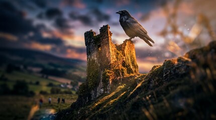 Naklejka premium Majestic black raven on ancient stone ruins showcasing dramatic sunset sky, green highland landscape and medieval tower, concept for gothic fantasy and mysterious atmosphere