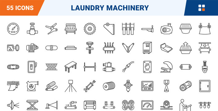 Flatwork Ironer Feed line icon set. Vector pictograms of machine, feeder, conveyor, and equipment elements, thin linear illustration.