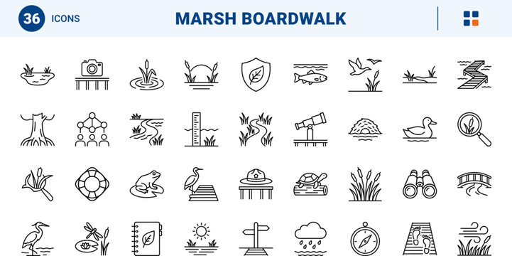 Marsh Boardwalk Path line icon set. Vector pictograms of wetland, nature, trail, and park elements, thin linear illustration.