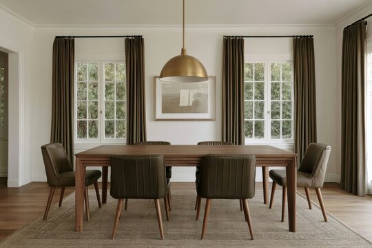 A dining room features a long solid walnut table surrounded by dark upholstered chairs, framed windows with full drapery, a brass pendant light, pale walls, artwork, wood flooring, and a large rug