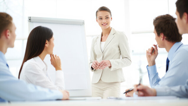Businesswoman presenting to a small team in a meeting room using a flip chart. The group listens attentively in a bright professional setting.