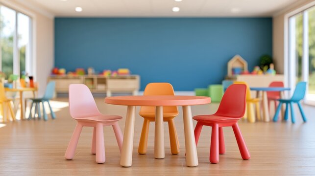 Colorful preschool classroom with low table and chairs under bright natural light