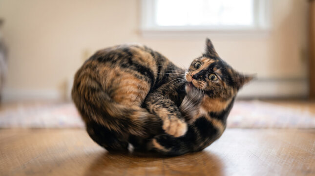 Cute tortoiseshell cat biting its own tail while playing on a light wooden floor at home. Funny and goofy domestic feline behavior and playful pet routine