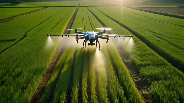 Agricultural Drone Spraying Fertilizer on Green Crop Field at Sunrise