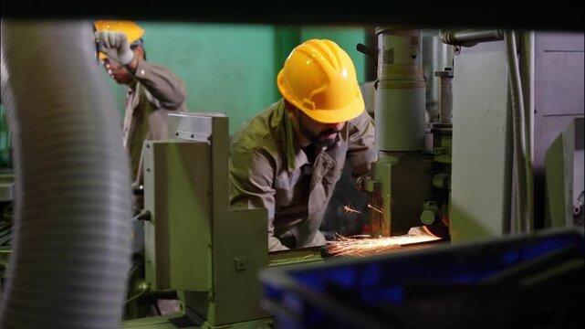 Industrial worker operating milling machine in manufacturing factory, Machinist working on heavy machinery in industrial plant, Technician team operating industrial equipment in production facility