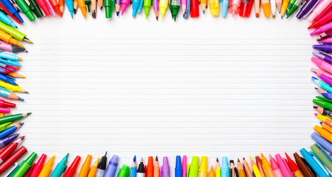 School supplies double side border. Top view on a white lined paper banner background with copy space. Back to school concept.
