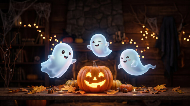 Friendly Halloween Ghosts with Jack O Lantern at Night