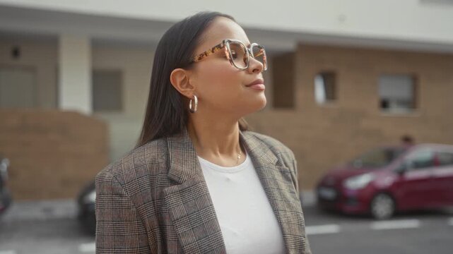 Woman in plaid blazer wearing oversized tortoiseshell glasses looks up with a gentle smile on an urban street; confidence poise.
