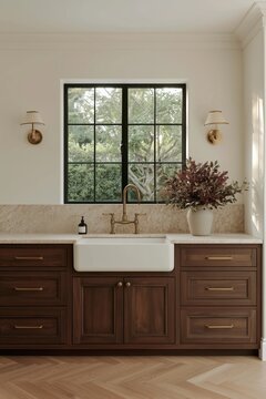 A straight-on kitchen sink view shows a white apron-front basin beneath a black-framed divided window, dark walnut cabinetry, brass plumbing fixtures, stone backsplash, wall sconces, and floral stems