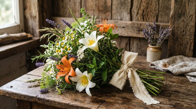 beautiful rustic bouquet with lilies and lavender on wooden table