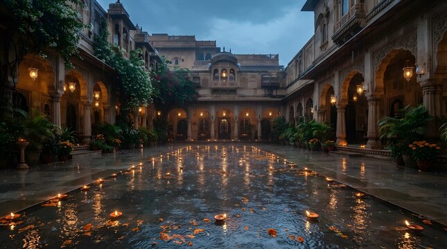 Courtyard with oil lamps rain