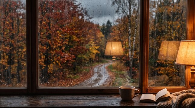 Cozy view of a rainy autumn forest through a window with a book and coffee.