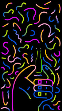 Neon Hand Holding Bottle with Colorful Abstract Party Pattern