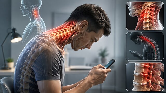 Man experiencing neck pain from poor posture while using smartphone