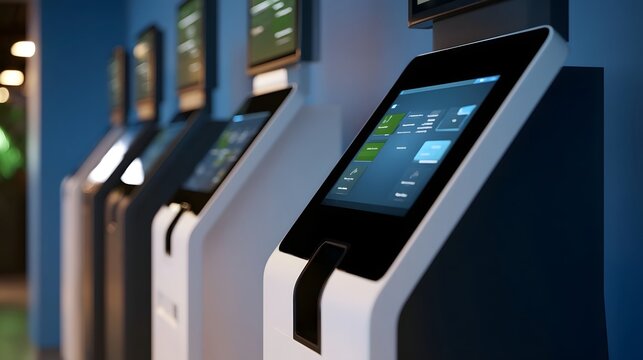 Modern self service kiosks with touchscreens arranged in a row against a blue wall in a well lit indoor space