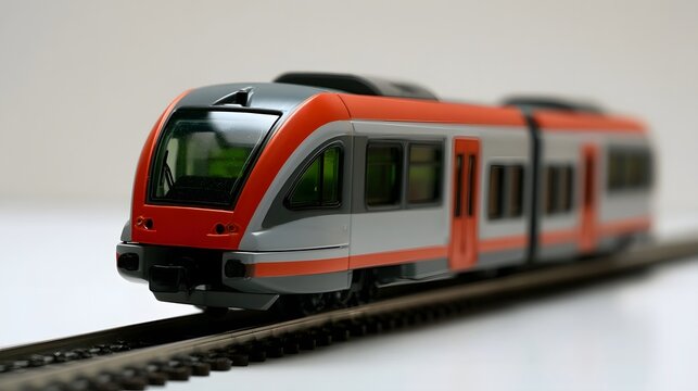 A sleek miniature train model on track with red and gray livery  captured in shallow depth of field against a plain background