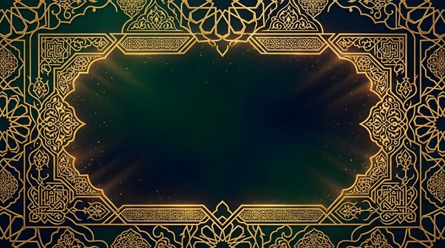 Luxurious Islamic background featuring intricate gold geometric patterns, arabesque designs, and glowing light effects with a dark green and blue gradient center. Perfect for Ramadan, Eid, and religio