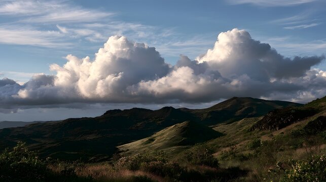 Dramatic cloud formations hover above rolling green hills under a partly cloudy sky with soft natural lighting