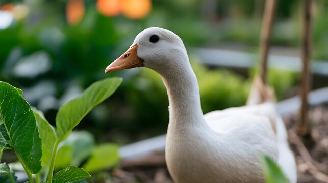 A white duck stands calmly in a lush green garden with soft blurred foliage and warm background lighting