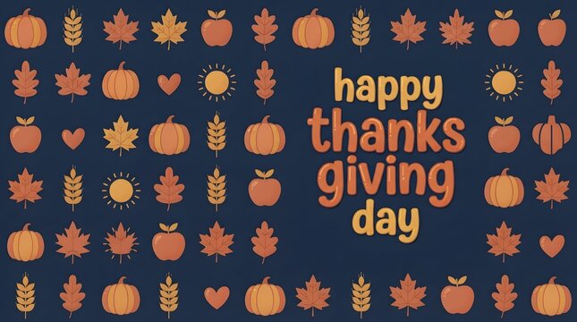 Happy thanksgiving day greeting card with cute handdrawn pattern of pumpkins, apples, leaves, and hearts on a dark blue background