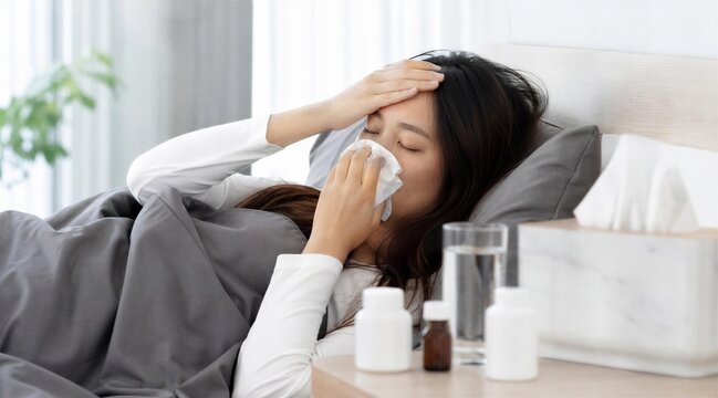 Sick Asian Woman in Bed Blowing Nose With Fever