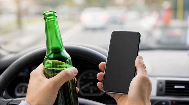 Driver Holding Beer Bottle and Smartphone While Driving