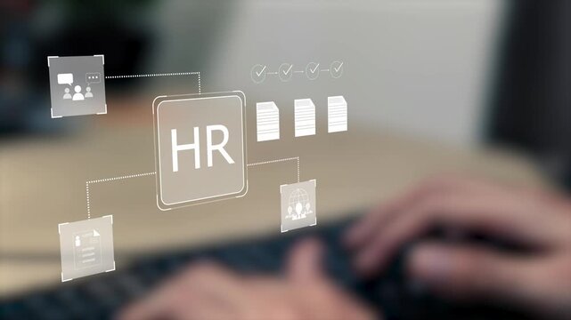 Businessman with laptop in modern office promoting employee engagement with animated HR icon, workforce development, diversity strategy, talent growth and human resources innovation.