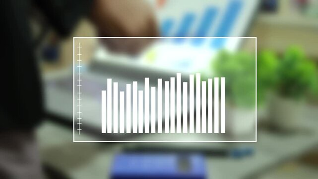 business technology concept featuring a white bar graph interface HUD overlay on a blurred background of a professional working with laptop and documents.