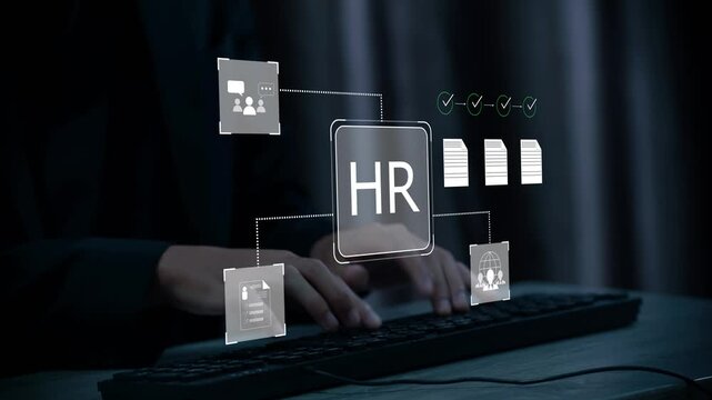 Businessman with laptop in modern office promoting employee engagement with animated HR icon, workforce development, diversity strategy, talent growth and human resources innovation.
