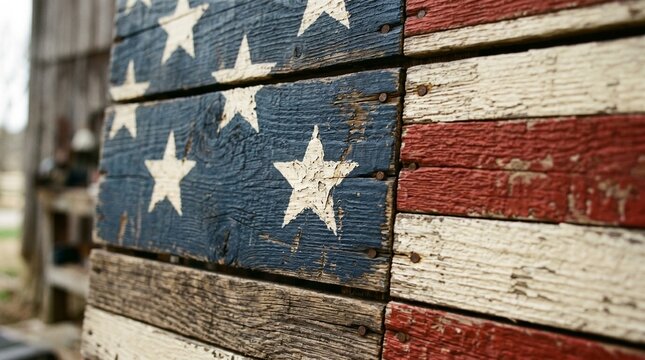 american flag painted on rustic weathered wooden board surface