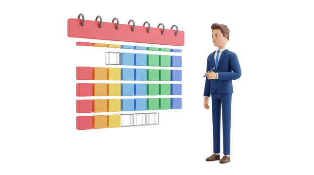 Business man standing next to a colorful calendar grid planning schedule.