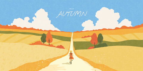 Naklejka premium Young woman in a straw hat riding a bicycle on a long road through autumn fields and hills. Artistic painterly style with grainy texture, vector illustration.