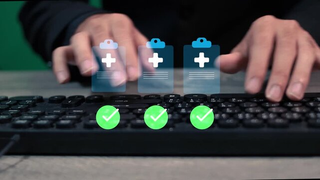 Medical history check database with patient records and digital healthcare documents, secure medical data management system for hospital information, clinical archive and electronic patient history.