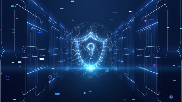 Glowing blue security shield hologram inside digital data corridor for cybersecurity and network protection concept.