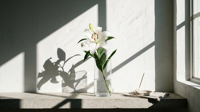 white lilies in vase by window with sharp sun shadows