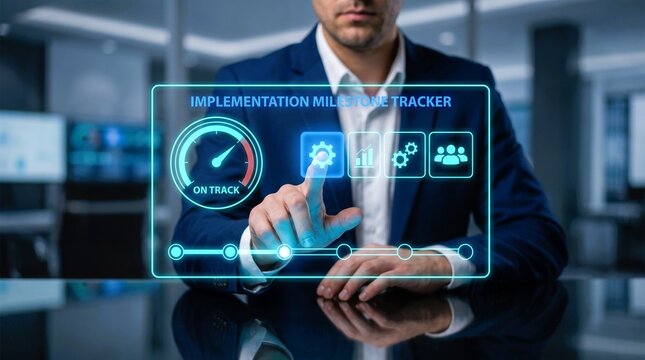 Professional businessman in a navy suit uses a glowing digital holographic interface to track complex project implementation progress and milestones