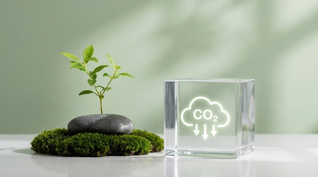 Vibrant green sprout growing from smooth dark stone beside a clear glass cube displaying a glowing carbon reduction icon symbol
