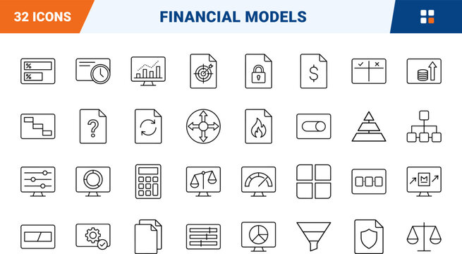 Financial model assumptions line icon set. Vector pictograms of forecasting, business, planning, and corporate elements, thin linear illustration.